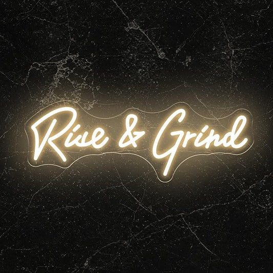 Rise and Grind Neon Sign, Motivational LED Neon Sign for Wall Decor, Dimmable USB Light Up Sign for Bedroom Office Gym Sports Room Man Cave, Pirational Neon Wall Art Gift for Men Coworkers, 17.7x6.3"