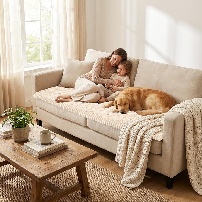 Smiry Couch Covers for Dogs Washable, Non Slip Fuzzy Pet Couch Covers for Sofa, Soft Thick Sofa Slipcovers Furniture Protector Pet Friendly (Cream, 27.6" x 88")