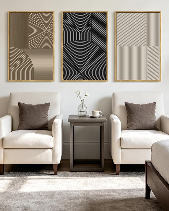 KUVIOKE Minimalist Abstract Boho Framed Wall Art Modern Mid-Century Bohemain Neutral Line Wall Decor Geometric Artwork Bedroom Decor 24x36in (Natural Framed)