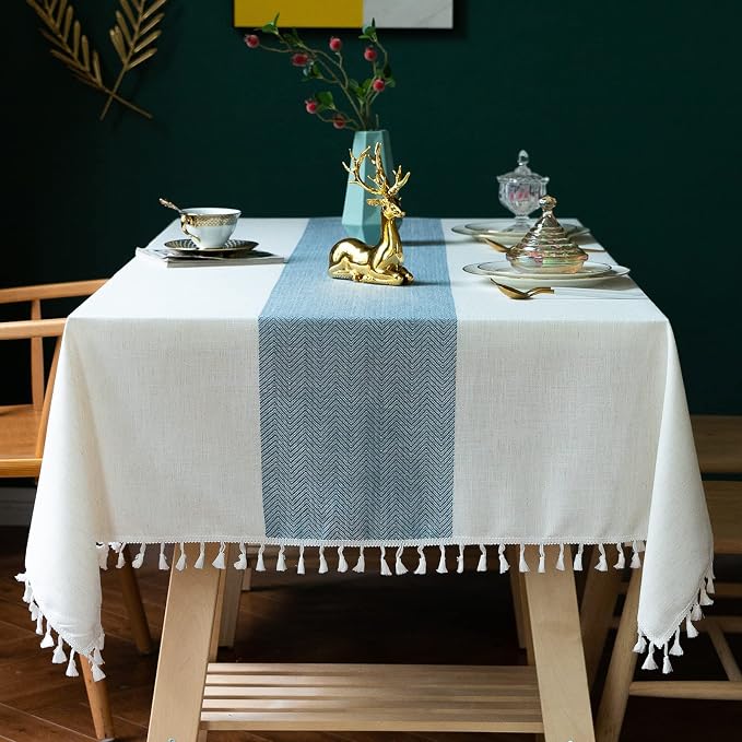 JIALE Tablecloths for Rectangle Tables,Cotton Linen Table Cloth Waterproof Tablecloth Wrinkle Free Farmhouse Dining Tables Cover,Soft Fabric Table Cloths with Tassels, Blue, 55" X 86",6-8 Seats
