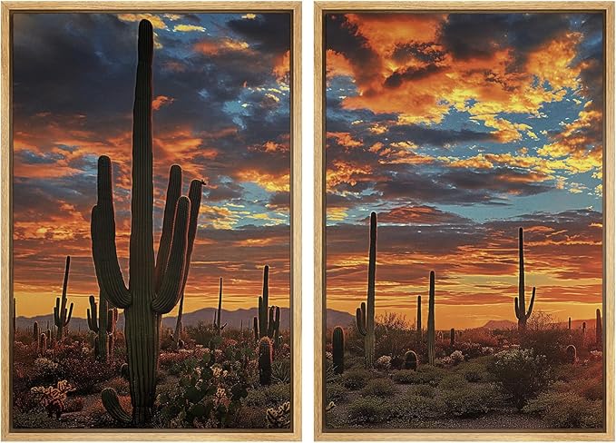 SIGNWIN Framed Wall Art Print Set Desert Sunset Cactus Landscape Photography Modern Art Rustic Relax/Calm Multicolor for Living Room, Bedroom, Office - 16"x24"x2 NATURAL