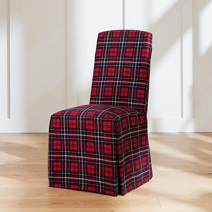 SureFit Cove Cotton Canvas Long Dining Room Chair Covers, Dining Chair Cover with 17 Inch Long Skirt and Corner Pleats, Removable and Machine Washable, Set of 2 Dining Chair Covers, Plaid