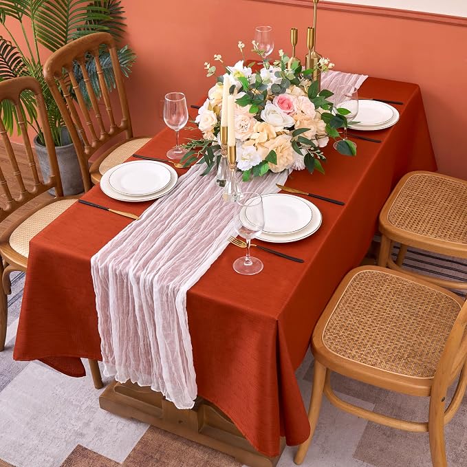 Fitable Faux Linen Rectangle Tablecloths 60 x 102 Inch - 2 Pack Rust Table Cloth for 6-8 Foot Tables, Faux Burlap Kitchen Table Cover for Thanksgiving Autumn Dining Party Farmhouse Banquet Buffet