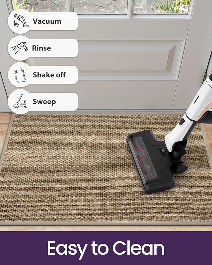 DEXI Ultra Thin Entryway Indoor Door Mat 17x30, Non Slip Rubber Backing Inside Entry Mat, Low Profile Easy Clean Dirt Trapper Doormat for Inside Entrance Patio, Beige