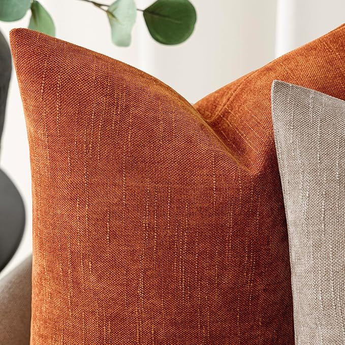 Foindtower Pack of 2 Soft Textured Chenille Throw Decorative Pillow Covers Square Accent Solid Cushion Cover Cozy Neutral Farmhouse Pillow Case for Couch Sofa Bedroom Living Room 22x22 Inch,Orange