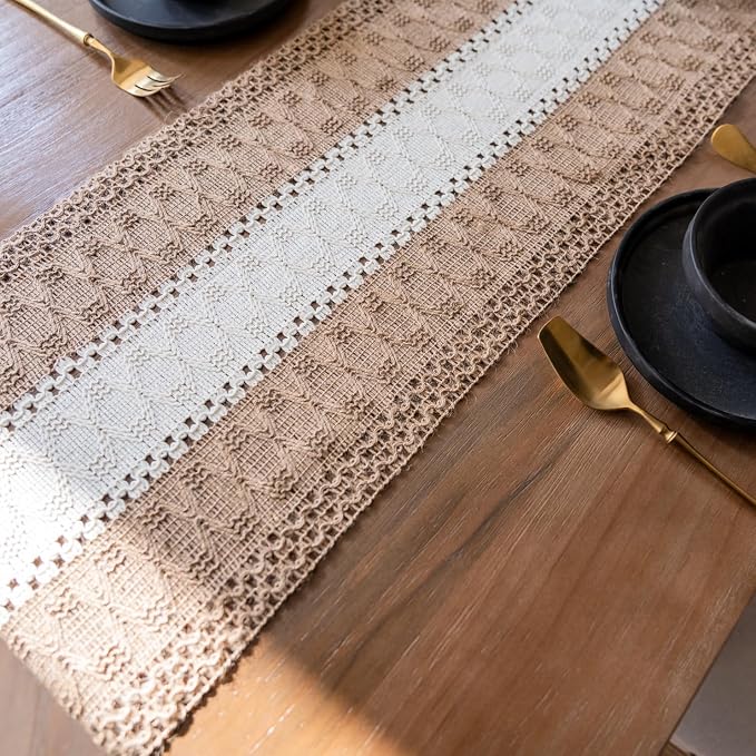 EMMTEEY Boho Table Runner with Tassels- Scratch & Heat Resistant, 36 Inches Long Table Runner Cotton Linen Macrame Handmade for Dining Table/Wedding Décor (12"X36", Brown White)