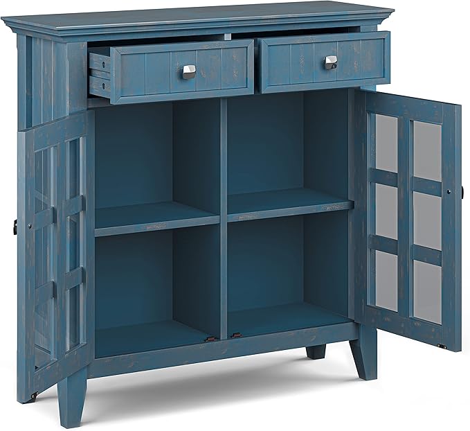 SIMPLIHOME Acadian Solid Wood 48 inch Wide Storage Bench that Seats 2 and 36 inch Wide Storage Cabinet in Distressed Coastal Blue for the Living Room, Entryway, and Family Room, Transitional Style