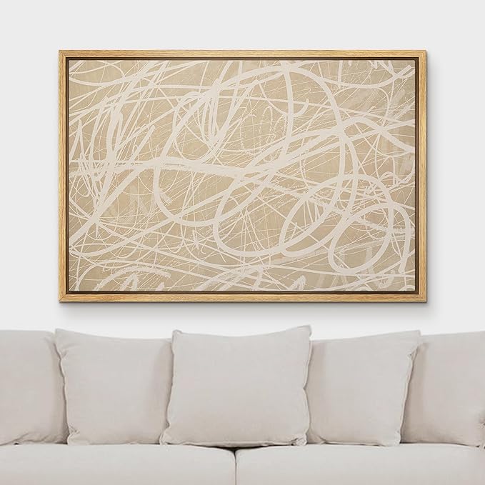 MUDECOR Framed Canvas Print Wall Art Beige Abstract Line Scribble Modern Minimal Illustrations Minimalism Decorative Bohemian Zen for Living Room, Bedroom, Office - 24"x36" NATURAL