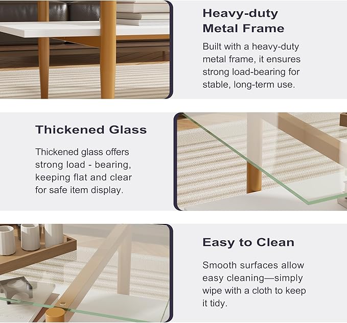 Furnify Glass Coffee Table, Rectangle Living Room Center Table with Golden Legs, Mid-Century Modern Accent Tables with Open Shelf for Living Room, Office, White