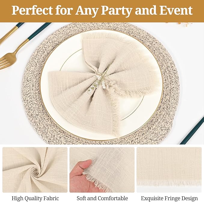 50 Pack Line Handmade Cloth Napkins 16 x 16 Inch Cotton Linen Napkins with Fringe, Washable and Reusable Napkins, Soft Rustic Boho Fringe Cloth Napkins for Dinners,Parties, Wedding