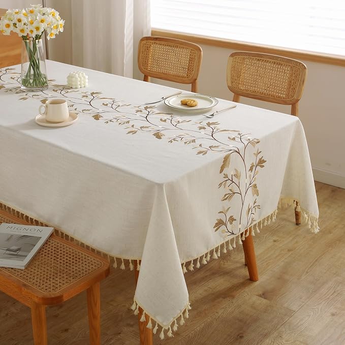 JIALE Table Cloth Rectangle Tables, Heavy Duty Cotton Linen Waterproof Tablecloths Farmhouse Tablecloth, Soft and Wrinkle Free Table Cover with Tassels, Coffee Flower, 55''x102''