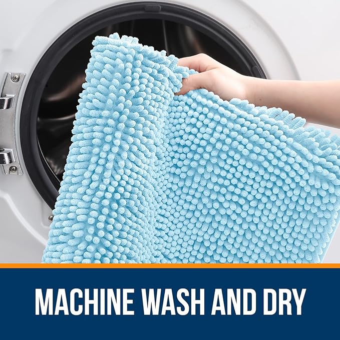OLANLY Bathroom Runner Rugs 44x24, Soft Absorbent Chenille Bath Rugs, Rubber Backing Quick Dry, Machine Washable Long Bath Mats for Bathroom Floor, Tub and Shower, Home Decor Accessories, Sky Blue