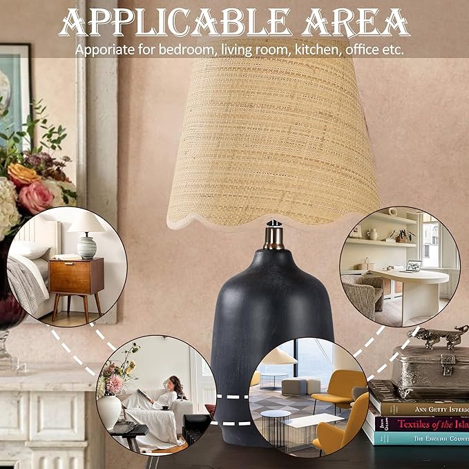 Pia Ricco Set of 2 19" Modern Ceramic Table Lamp for Living Room Cream Base Desk Lamps for Bedroom Farmhouse Bedside Nightstand Lamp End Table Lamps,Black,Rattan Shade