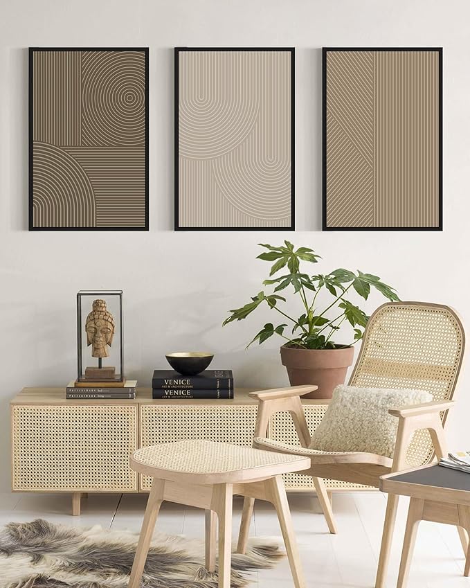 PHOPAGO 16x24in Large Minimalist Abstract Framed Wall Art Modern Boho Neutral Line Wall Decor Geometric Artwork Bedroom Living Room Black Framed