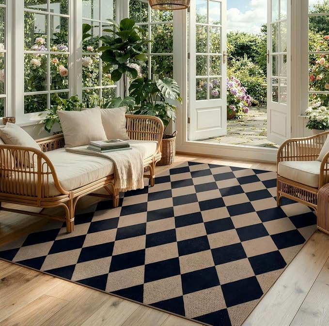 Lahome Colette Checkered Easy Jute Outdoor Rug, 5x7 Area Rugs for Living Room Nature Large Dining Room Carpet, Farmhouse Outdoor Patio Non Slip Diamond Carpet for Home Office Bedroom Backyard Deck