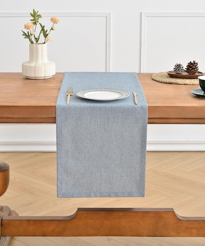 Wracra Linen Style Table Runner, Rustic Farmhouse Chambray Dusty Blue Table Runners 90 Inches Long, Handcrafted Table Runner for Fall, Winter - Everyday Use and Machine Washable