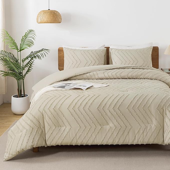 Andency Light Khaki California King Comforter Set, Boho Cal King Soft Warm Tufted Neutral Bedding Comforter Sets, 3 Pieces Cali King Aesthetic Chevron Farmhouse Cute Bohemian Textured Bedding Set