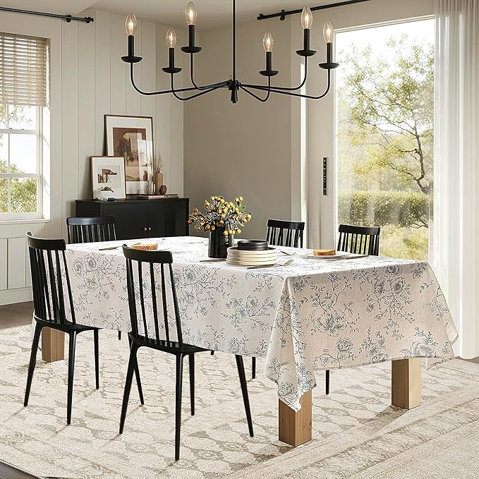 Floral Linen Tablecloth 55 x 90 inch Wrinkle Resistant Vintage Farmhouse Tablecloth Black Pattern Printed on Cream Table Cloth Rectangle Cottage Burlap Textured Fabric Table Cover Home Decor Holiday