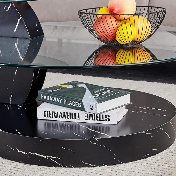 42" Glass Coffee Table, Round Coffee Table, Modern Double Layer Round Glass Coffee Table for Living Room, Black