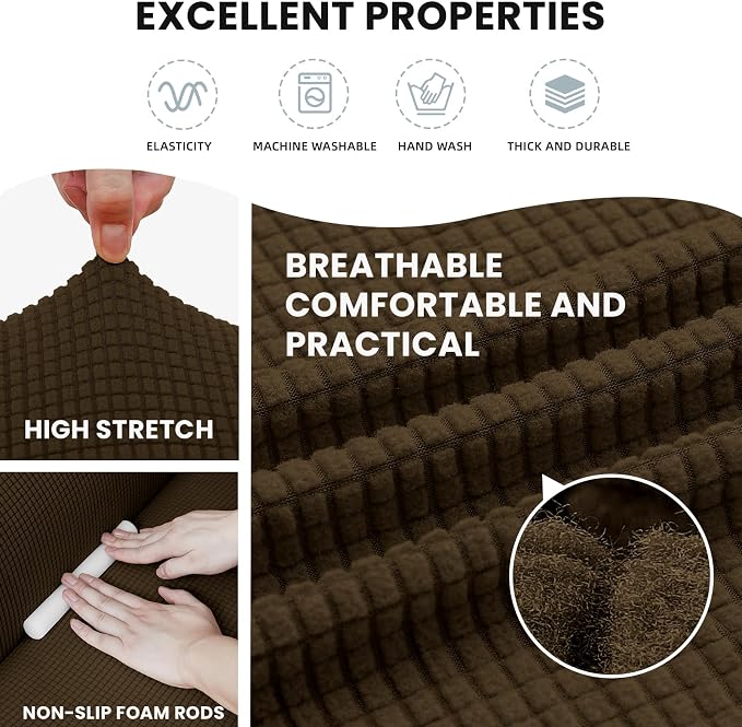 LURKA Stretch Sofa Slipcovers 1 Piece Couch Covers for 3 Cushion Couch Sofa Furniture Protector Full Sofa Covers with Elastic Bottom for Kids and Dog (Brown, Large)