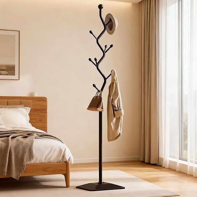 Sturdy Metal Coat rack Tree – Anti-Tip Design with 8 Hooks, Perfect for Home, Dorm, or Office Organization (black)