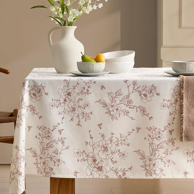 Rustic Linen Rectangle Tablecloth Floral Table Cloth with Brown Flowers Pattern Burlap Textured Farmhouse Vintage French Outdoor Table Cover for Picnic,Dining,Party,Home Decor 55x102 Inch