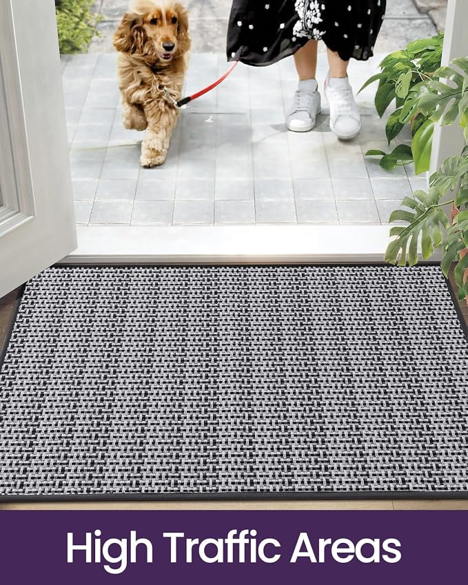 DEXI Ultra Thin Door Mat Indoor Entrance 24x36, Non Slip Rubber Backed Entryway Mats Dirt Trapper, Low Profile Front Doormat for Inside Entry, Patio, Porch, Grey and White