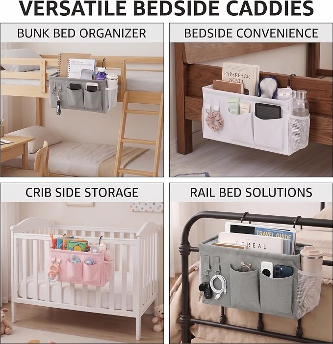 1pc Bedside Caddy Organizer with Hooks, No-Sagging Canvas Hanging Bed Pocket with Water Bottle Holder, Bedside Storage for Dorm Room Essentials, Bunk Bed Accessories, Hospital Bed Rails & Crib (white)