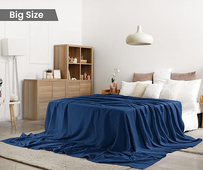 Utopia Bedding 100% Cotton Waffle Weave Blanket Big Size for Bed - Lightweight, Breathable Summer Blankets Soft and Cozy, Gifts for Women Home Room Decor (Navy, 120x120 Inch)