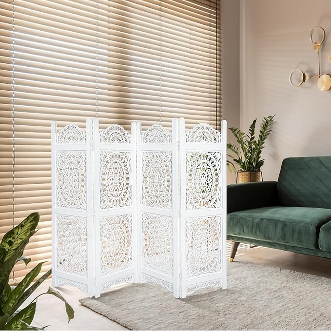 Lightnpro 4-Panel Wooden Room Divider 48 × 64 Inch Antique White Finish - Hand-Carved Oval Folding Privacy Screen, Pre-Assembled Decorative Partition for Living Room, Bedroom & Home Office