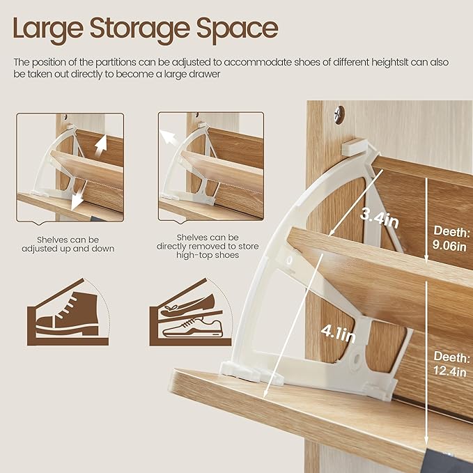 FurSch Fluted Shoe Storage Cabinet with 2 Flip Drawers, Narrow Shoe Rack Cabinet Organizer with Adjustable & Removable Shelves for Entryway (All Natural, 2 Drawers)