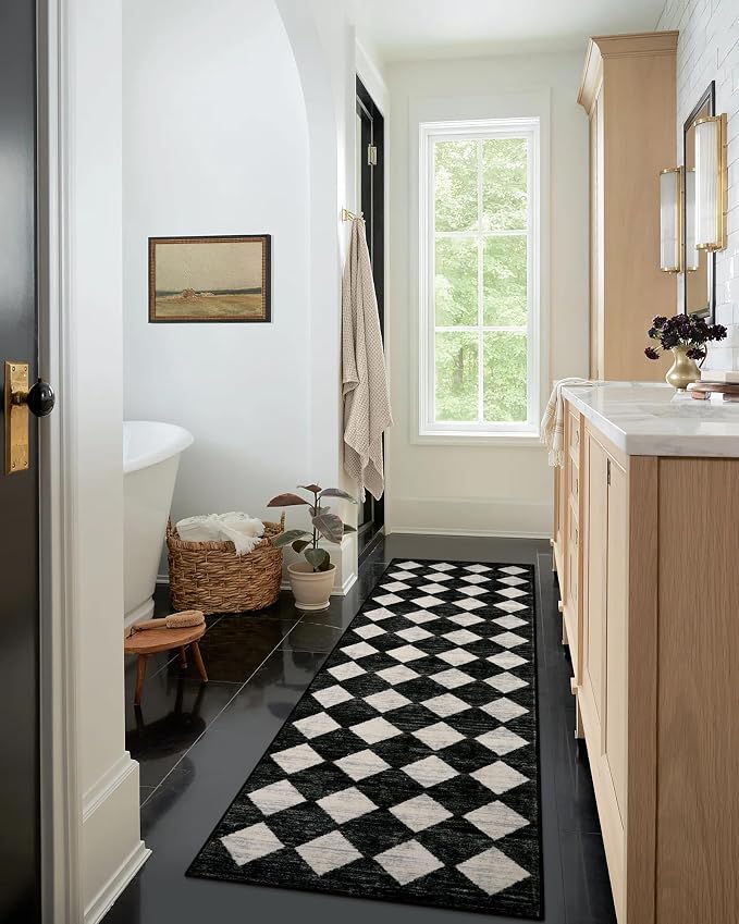 Lahome Moroccan Trellis Runner Rug - 2x8 Black Hallway Runner Rug with Rubber Backing, Checkered Kitchen Non Skid Carpet Runners Washable Indoor Mat for Camper Entryway Bathroom Hardwood Floor