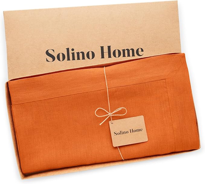 Solino Home Linen Tablecloth for Rectangle Tables 60 x 108 Inch - 100% Pure Linen Persimmon Orange Table Cloth - Fete, Machine Washable Cloth Tablecloth for Summer