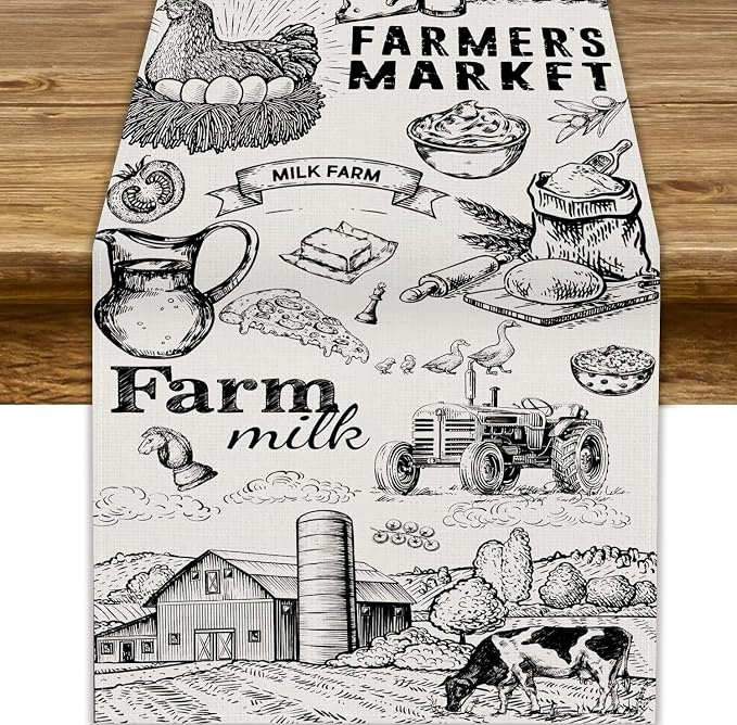 Vintage Tractor Milk Farm Table Runner Retro Western Country Farmhouse Animal Food Chicken Pumpkin Cow House Fall Kitchen Dining Table Decoration for Living Room Holiday Outdoor Home Party 13x60in