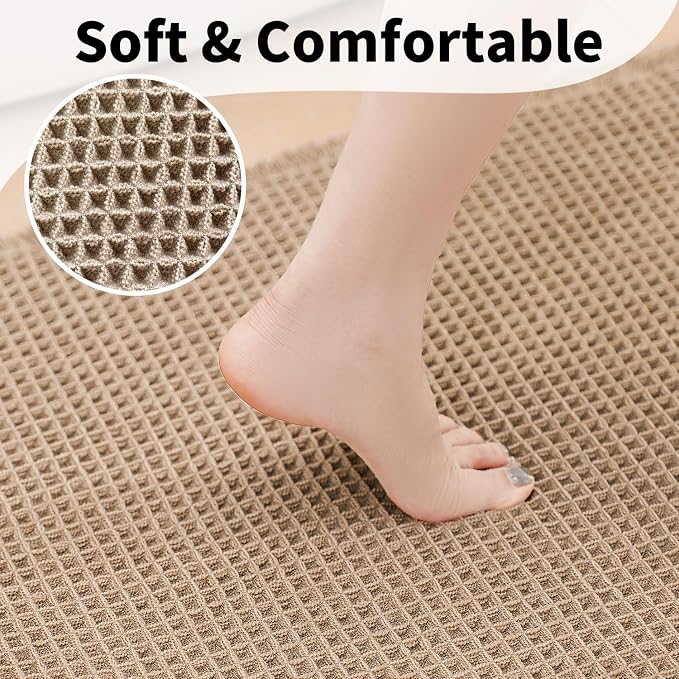 Bathroom Rugs Sets 2 Piece - Waffle Bath Mat Non Slip, Washable Bathroom Mats Absorbent Soft Boho Decor, Quick Dry Shower Mats, 2 Pack 18x30 Inch, Khaki