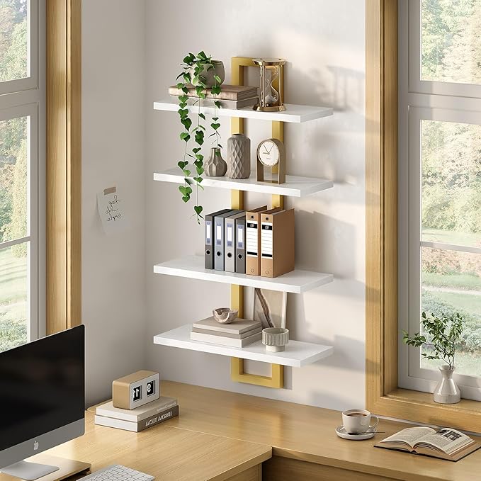 HOOBRO Floating Shelves, 15 Inch Wall Shelf Set of 2, Wall Mounted Storage Shelves 2-Tier, Hanging Bathroom Shelves, for Living Room, Bedroom, Bathroom, Kitchen, White and Gold DW32BJ01