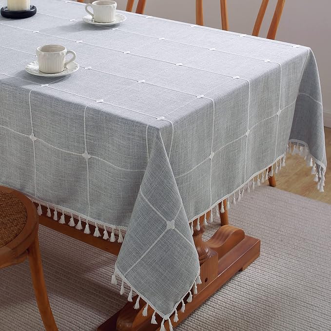JIALE Rectangle Table Cloth, Heavy Duty Cotton Linen Waterproof Tablecloths Farmhouse Tablecloth, Soft and Wrinkle Free Table Cover with Tassels, 55''x70'', Grey Gingham