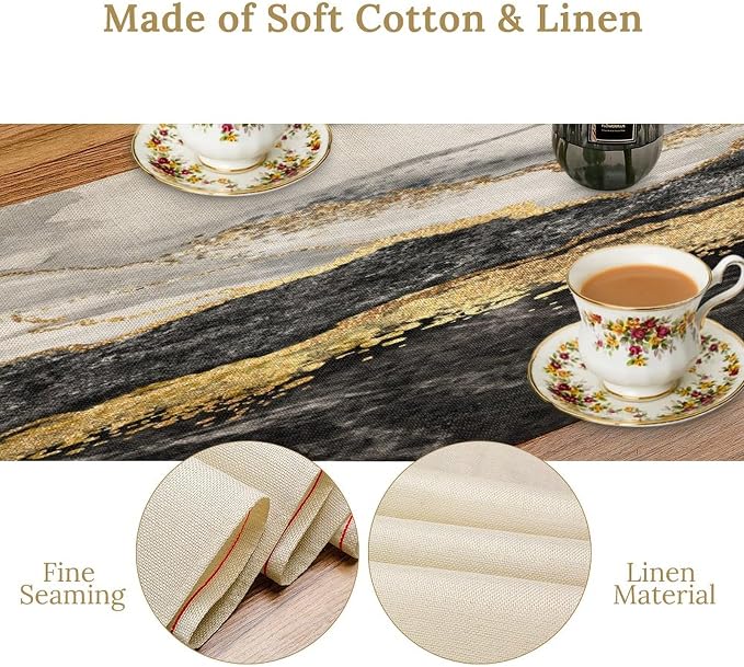 Marble Table Runner,Black Golden Marble Texture Pattern Table Runner for Coffee Table Dining Room Table Bedroom Party Holiday Decor 13x108inch