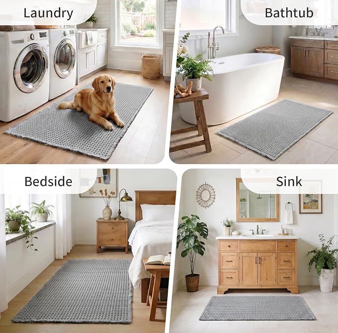 ILANGO Upgraded Waffle Bathroom Rugs,Super Absorbent Boho Non Slip Runner Bathroom Mats Quick Dry,Ultra Soft Machine Washable Mat with Tassels for Hallway,24x48,Dark Grey