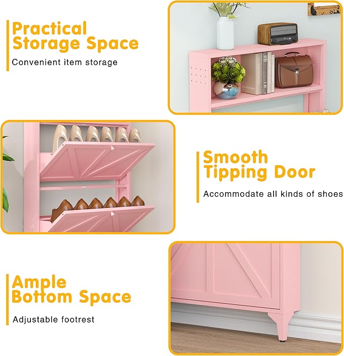 Slim Shoe Cabinet for Entryway with 2 Flip Drawers, Narrow Hidden Shoe Storage Cabinet, Farmhouse Shoe Drawer Organizer with Metal Legs for Front Door, Foyer, Corner (2 Door, Pink)