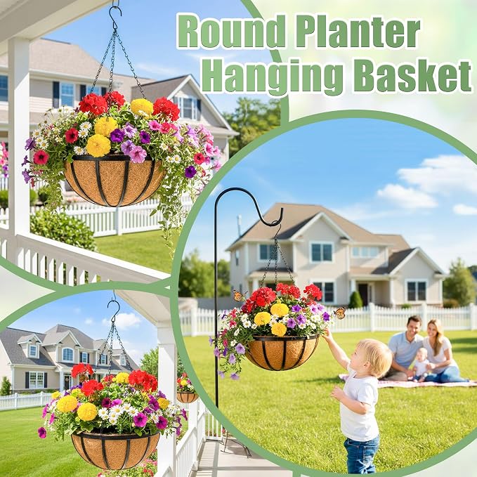 4 Pack 12 Inch Hanging Baskets for Plants Outdoor Metal Hanging Planters Round Hanging Flower Pots with Coco Coir Liner Plant Holder for Outdoor Patio Garden Balcony Decor - Flat Iron