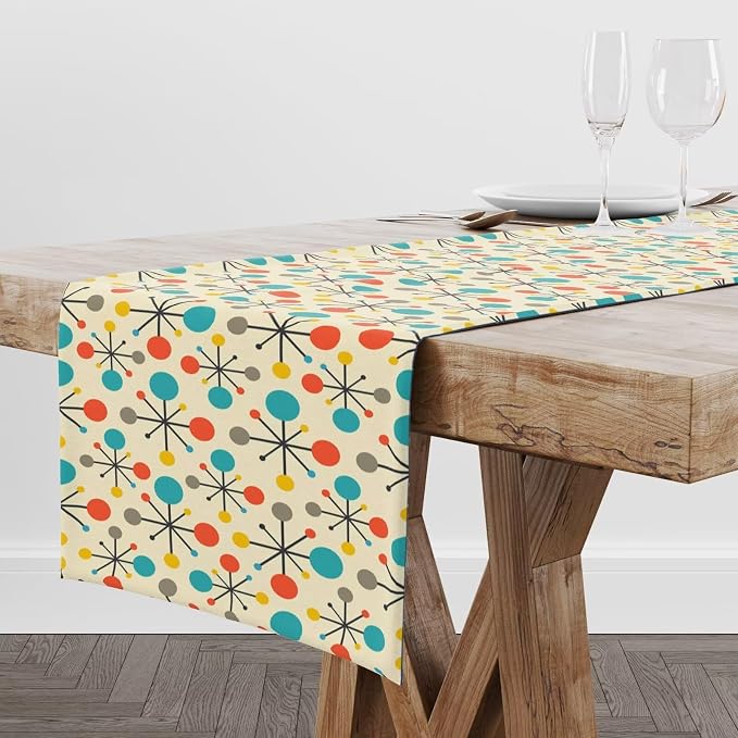 Mid Century Table Runner, Modern Atomic Pattern Absctract Geometric Retro 1950S 1960S Dinner Runner for Home Kitchen Dining Table Decoration 13x36 Inch