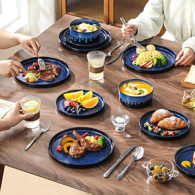 vancasso Starry Plates and Bowls Sets,12 Pieces Blue Dinnerware Sets for Kitchen,Modern Stoneware Dishes Set for 4,Dishwasher and Microwave Safe