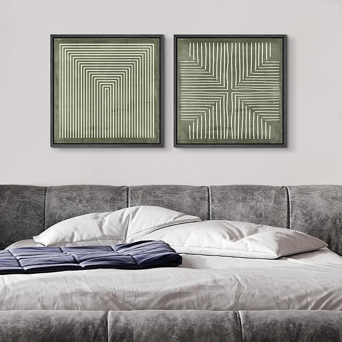 SIGNFORD Framed Canvas Print Wall Art Set Green and White Geometric Maze Illustrations Modern Art Minimal Relax/Calm for Living Room, Bedroom, Office - 24"x24"x2 Black