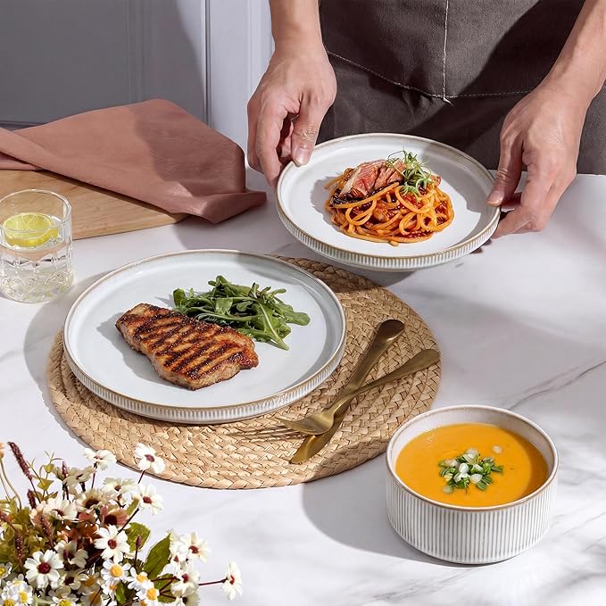 E-far Stoneware Dinnerware Sets for 2, 6-Piece Plates and Bowls Sets, Chip & Scratch Resistant Ribbed Dish Set for Home Restaurant, Microwave & Dishwasher Safe, Creamy Beige