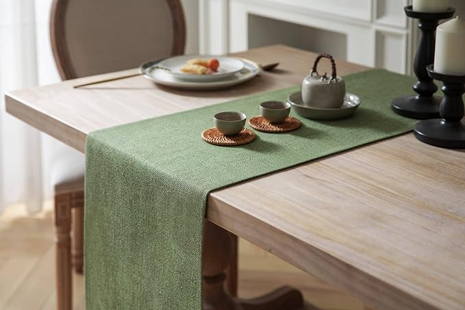 ZeeMart Burlap Style Farmhouse Table Runners 72 Inches Long, Green Rustic Woven Dining Table Runner for Everyday Use, 14x72 Inches, Grass Green