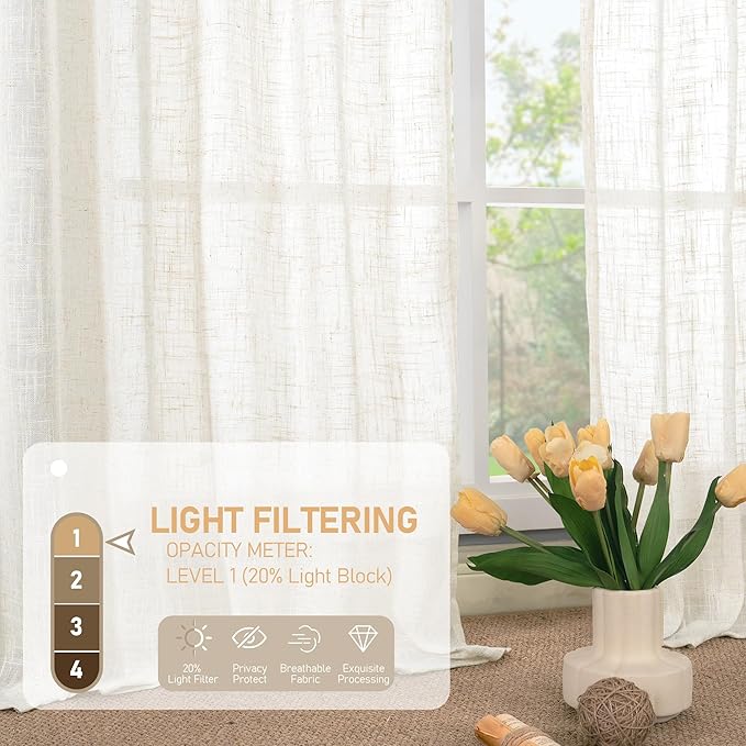 LAMIT Cream Semi Sheer Linen Curtains 60 Inch, Light Filtering Neutral Window Panels Farmhouse Boho Back Tab and Rod Pocket Drapes for Bedroom, 2 Panels, 52 x 60 Inch