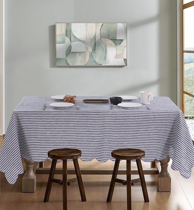 100% French Flax Linen Tablecloths Scalloped Embroidery Rectangle 120Lx60W Inch for Dinners, Parties, Spring, Machine Washable, 10-12 Sets, Blue Stripe(Edges-Blue)
