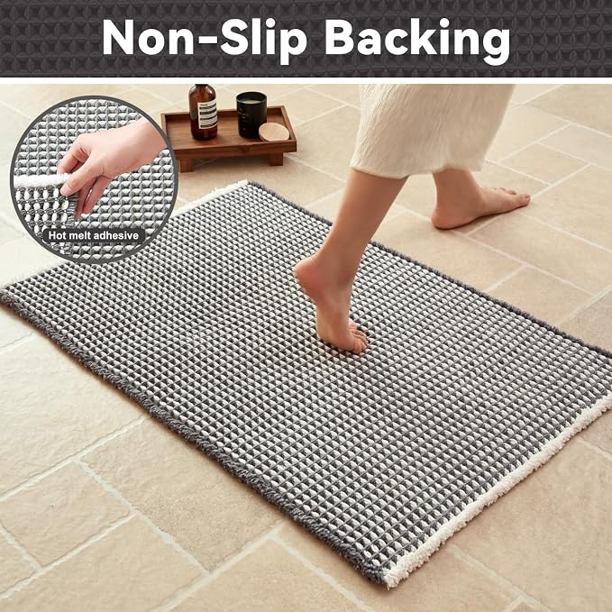 Triohero Waffle Runner Bath Mat - Long Bathroom Rugs Non Slip Washable, Ultra Soft Super Absorbent Quick Dry Boho Farmhouse Bathroom Decor, 24" x 72", Grey & White
