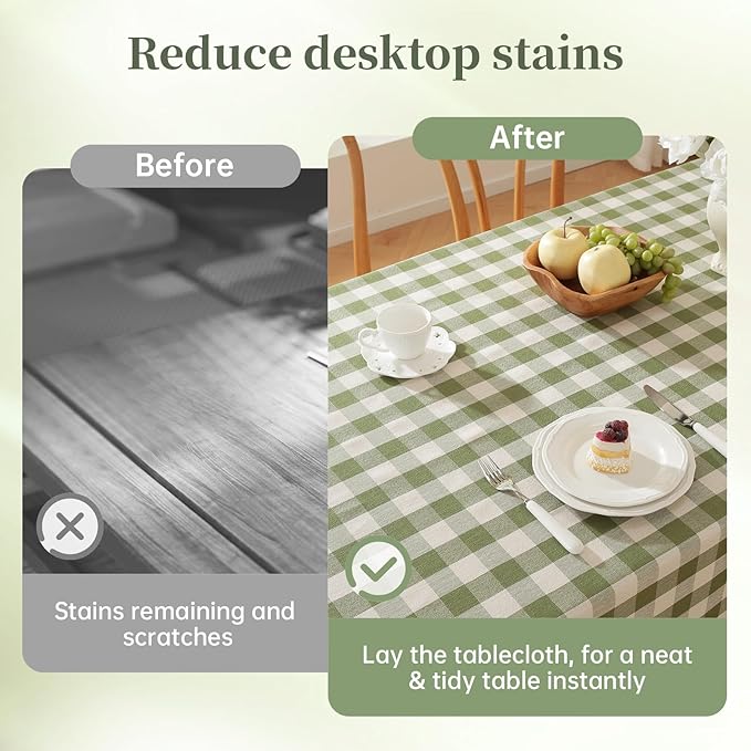Green Gingham Tablecloth, Sage Checkered Cotton Linen Fabric Table Cloth, Washable Wrinkle Free Buffalo Plaid Table Cover for Farmhouse Picnic BBQ Camping 60"x106" Rectangle